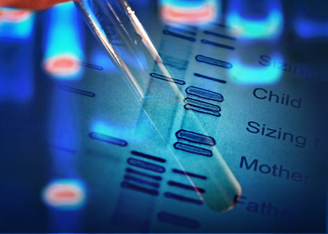 Abstract image of genetic data with test tube overlay
